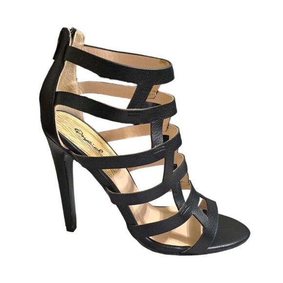 Qupid Black Interest-127 Leatherette Caged Open Toe Stiletto Sandal Sz 7.5 - Picture 2 of 8